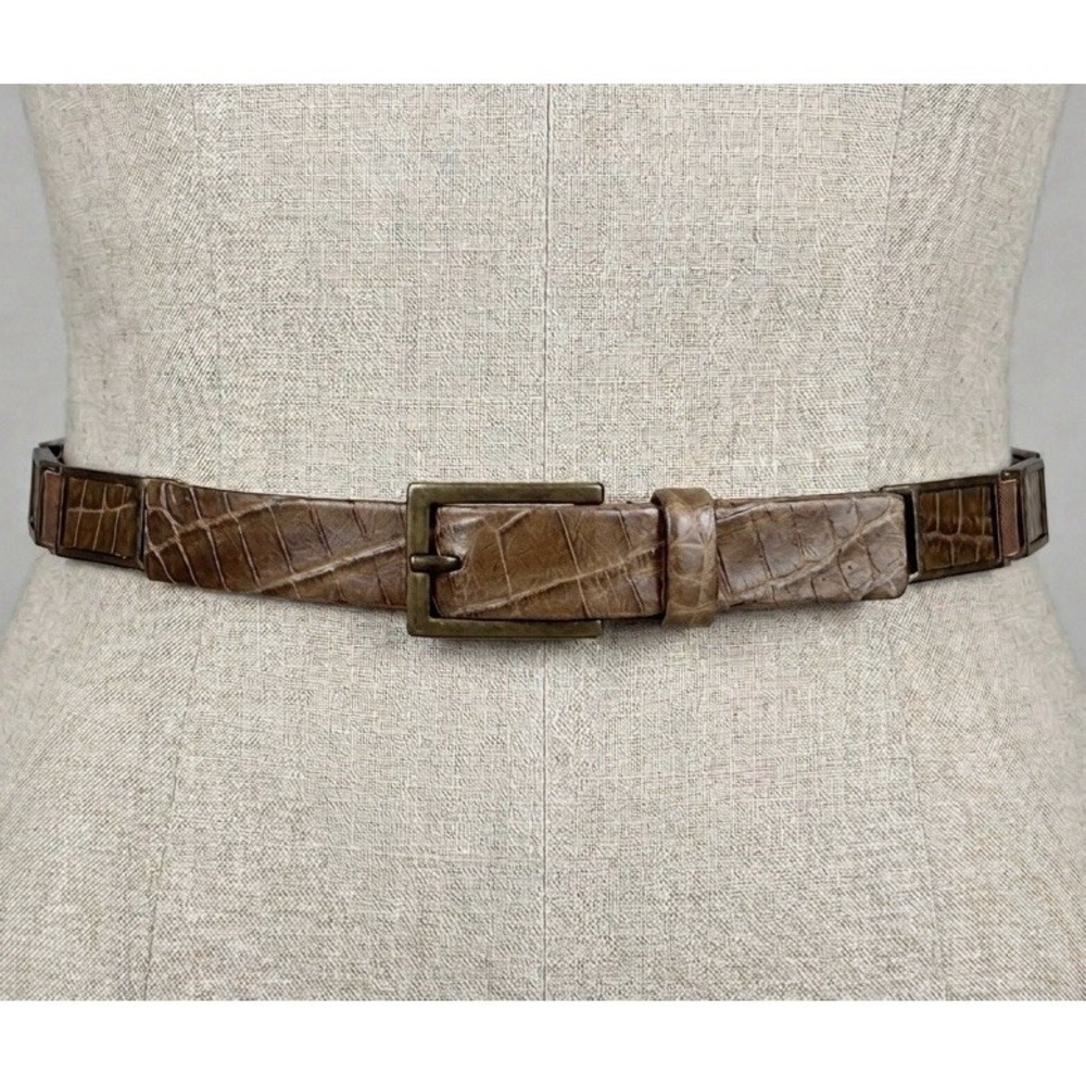 Vintage Suzi Roher Belt Women's Large Brown Leather Metal Links Stretchy